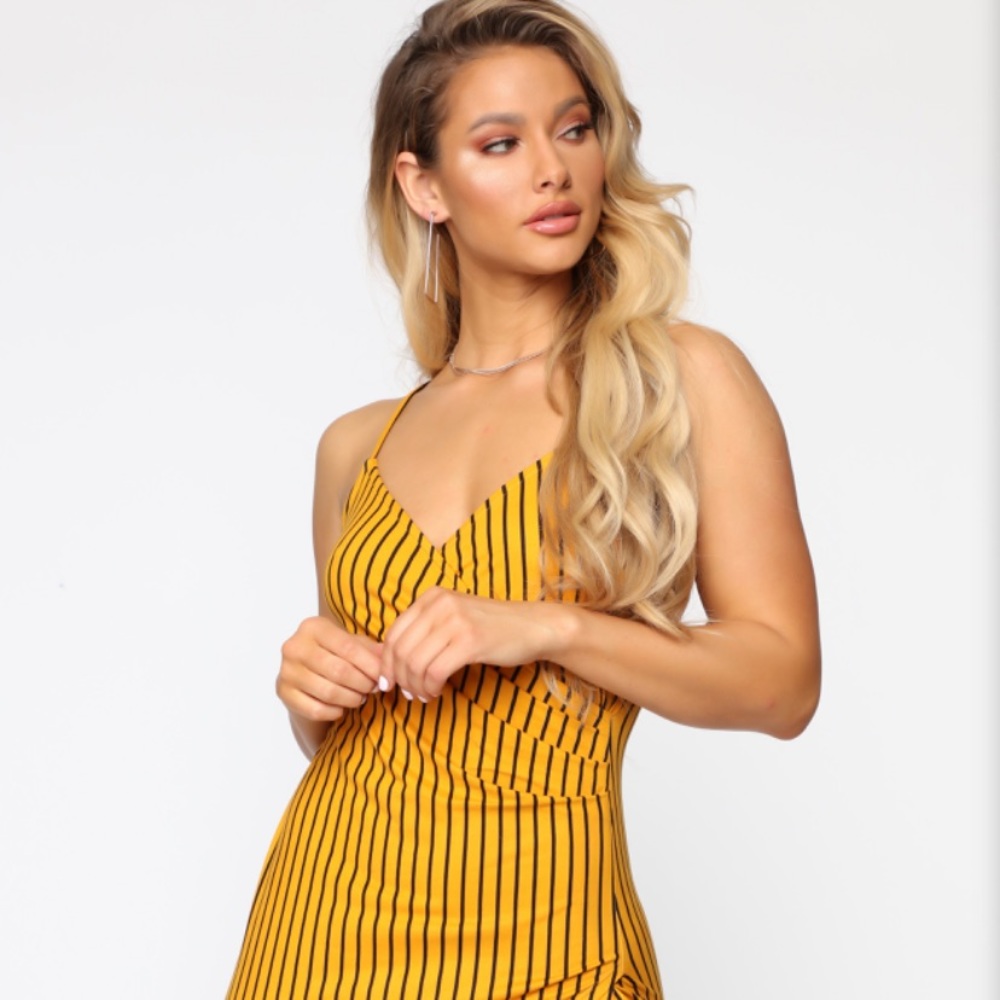 SOLD Mustard Stripe Mini Dress Summer Stretch Bodycon